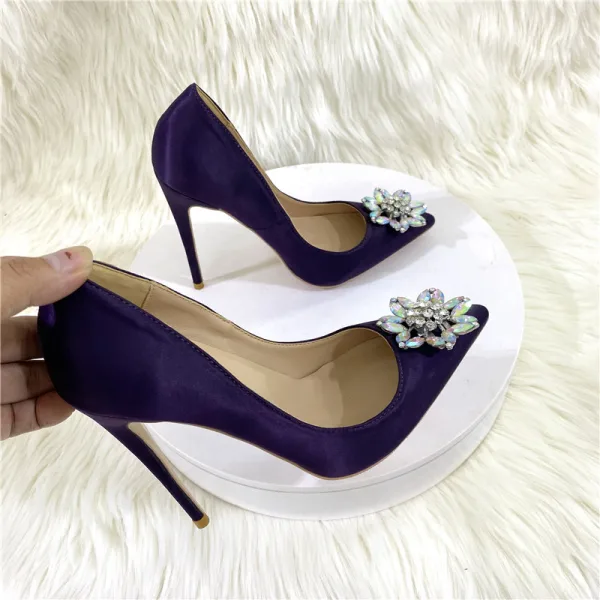 Chic / Beautiful Satin Purple Rhinestone Pumps 2022 Cocktail Party 12 cm Stiletto Heels Pointed Toe Pumps High Heels
