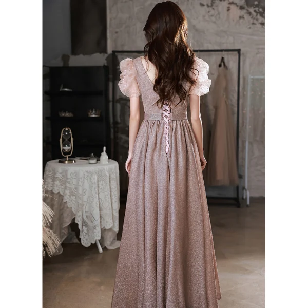 Chic / Belle Rose Sombre Glitter Robe De Bal 2022 Princesse V-Cou Gonflée Manches Courtes Dos Nu Longue Promo Robe De Ceremonie