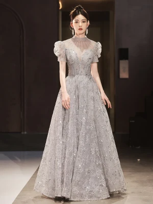 Elegant Grey Beading Sequins Prom Dresses 2024 Backless A Line Princess High Neck Short Sleeve Floor Length Long Prom Formal Dresses