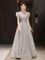 Elegant Grey Beading Sequins Prom Dresses 2024 Backless A-Line / Princess High Neck Short Sleeve Floor-Length / Long Prom Formal Dresses