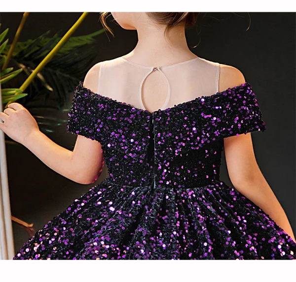 Sparkly Purple Sequins Birthday Flower Girl Dresses 2024 Ball Gown Scoop Neck Short Sleeve Backless Floor-Length / Long