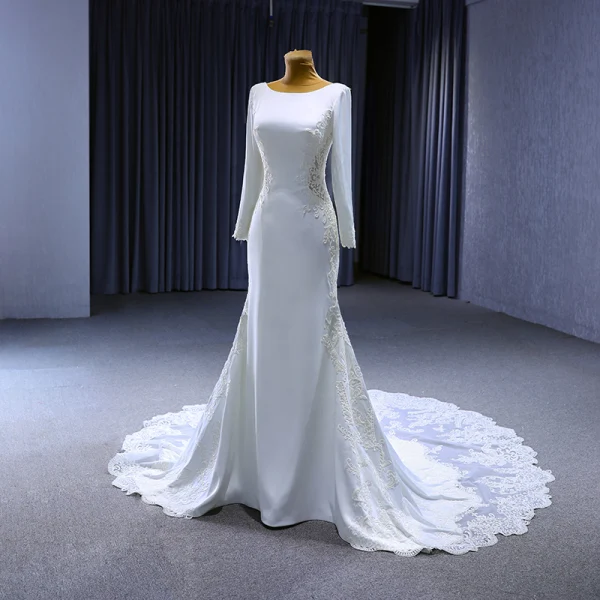 High-end White Beading Lace Flower Wedding Dresses 2023 Trumpet / Mermaid Scoop Neck Long Sleeve Backless Chapel Train Wedding