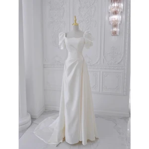 Elegantes Blanco Satén Vestidos De Gala 2023 A Line Princess Escote Cuadrado Hinchado Manga Corta Sin Espalda Colas De Barrido Gala Vestidos Formales