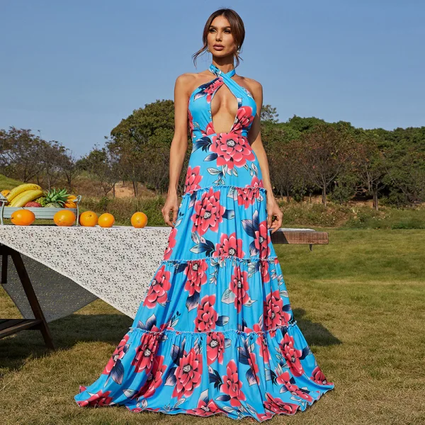 Bohemia Summer Beach Holiday Pool Blue Printing Maxi Dresses 2022 A-Line / Princess High Neck Sleeveless Backless Sweep Train Women Dresses
