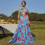 Bohemia Summer Beach Holiday Pool Blue Printing Maxi Dresses 2022 A-Line / Princess High Neck Sleeveless Backless Sweep Train Women Dresses