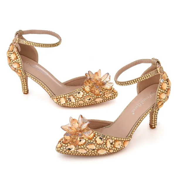 Cinderella Champagne Crystal Wedding Shoes 2022 Rhinestone Ankle Strap 7 cm Stiletto Heels Pointed Toe Wedding Shoes High Heels