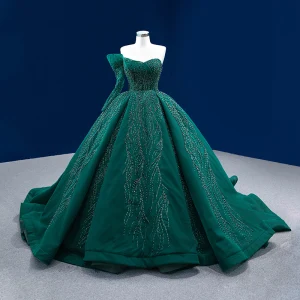 Haut De Gamme Vert Foncé Fait Main Perlage Robe De Bal 2022 Robe Boule Bustier Dos Nu Manches Longues Chapel Train Promo Robe De Ceremonie