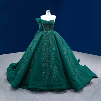 Haut De Gamme Vert Foncé Fait Main Perlage Robe De Bal 2022 Robe Boule Bustier Dos Nu Manches Longues Chapel Train Promo Robe De Ceremonie