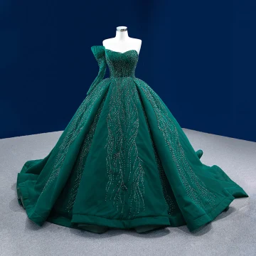 High End Dark Green Handmade Beading Prom Dresses 2022 Ball Gown Strapless Backless Long Sleeve Chapel Train Prom Formal Dresses