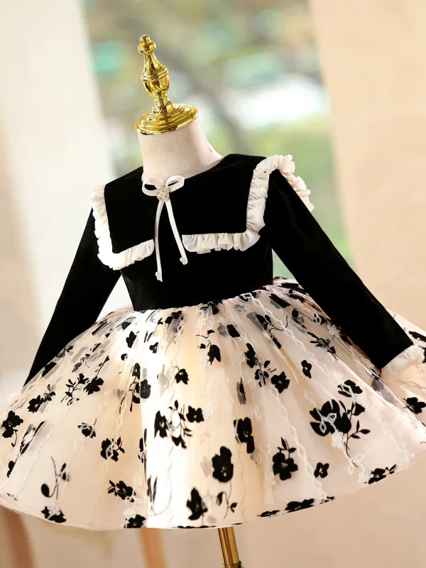 Chic / Beautiful Black Printing Birthday Short Flower Girl Dresses 2025 Ball Gown Scoop Neck Long Sleeve Tulle