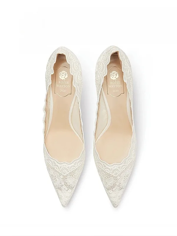 Elegant White Lace Flower Wedding Shoes 2026 Leather 8 cm Stiletto Heels Pointed Toe Wedding Pumps High Heels