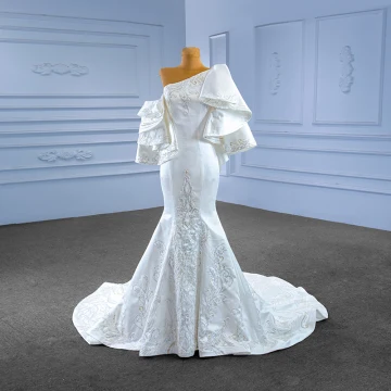 High End Elegant White Satin Beading Sequins Wedding Dresses 2023 Trumpet Mermaid Cascading Ruffles One Shoulder Short Sleeve Backless Court Train Wedding