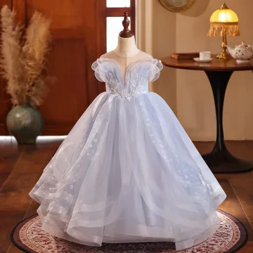 Chic Beautiful Sky Blue Beading Cascading Ruffles Birthday Flower Girl Dresses 2024 Ball Gown Scoop Neck Sleeveless Backless Floor Length Long