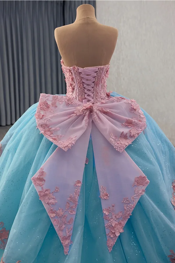 Flower Fairy Pool Blue Pearl Lace Flower Appliques Prom Dresses 2025 Ball Gown Off-The-Shoulder Short Sleeve Backless Bow Royal Train Formal Dresses