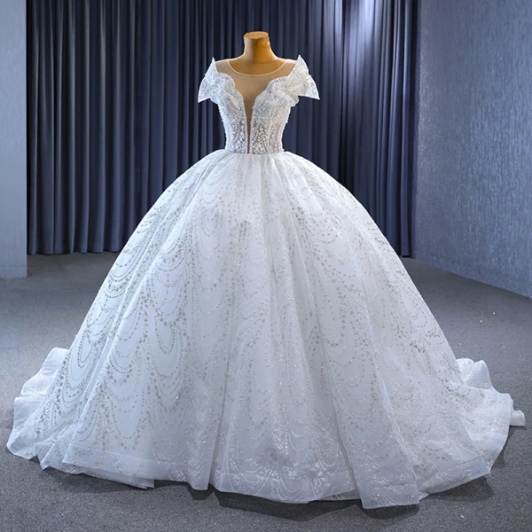 High End Weiß Handgefertigt Perlenstickerei Perle Pailletten Brautkleider / Hochzeitskleider 2023 Ballkleid Rundhalsausschnitt Kurze Ärmel Rückenfreies Kapelle-Schleppe Hochzeit
