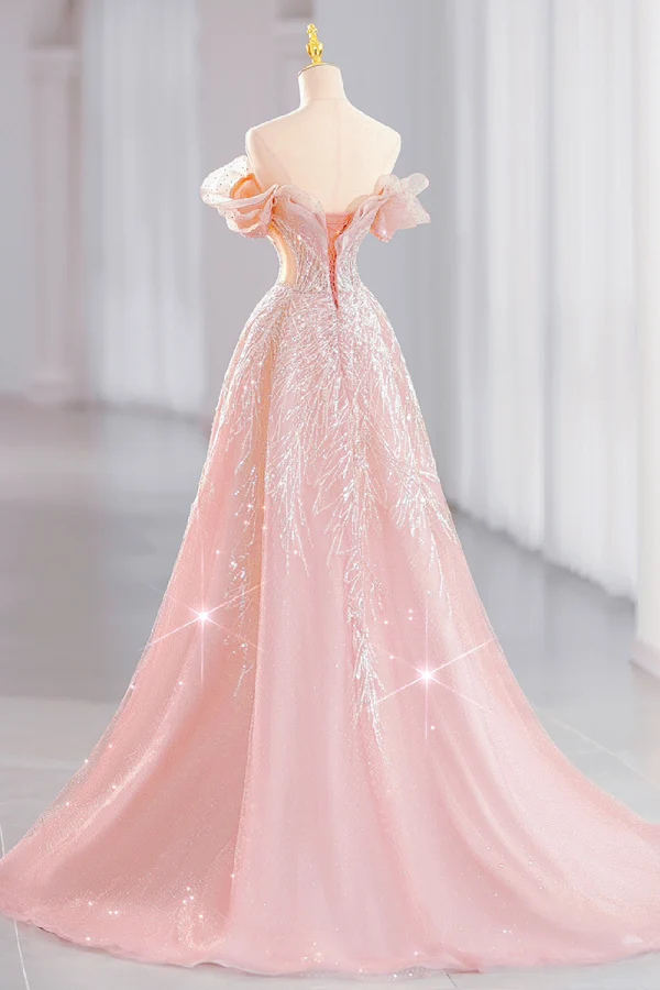 Glitzernden Pink Perlenstickerei Pailletten Ballkleider 2023 A Linie Off Shoulder Ärmellos Rückenfreies Sweep / Pinsel Zug Ball Festliche Kleider