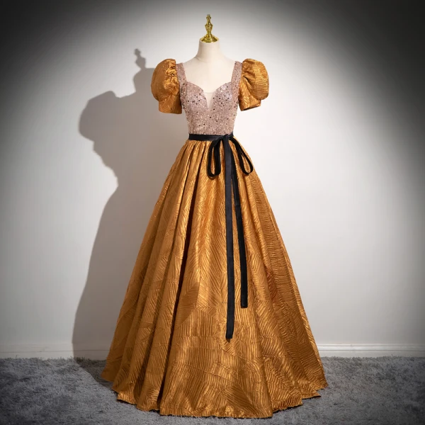 Elegant Gold Beading Sequins Prom Dresses 2024 Ball Gown Square Neckline Puffy Short Sleeve Backless Bow Sash Floor-Length / Long Prom Formal Dresses