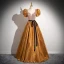 Elegant Gold Beading Sequins Prom Dresses 2024 Ball Gown Square Neckline Puffy Short Sleeve Backless Bow Sash Floor-Length / Long Prom Formal Dresses