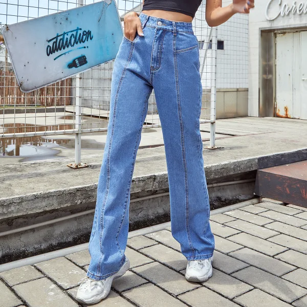 Fashion Women Street Wear Straight Jeans 2021 Ocean Blue Pants Denim Bottoms