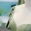Vintage / Retro Sage Green Princess Prom Dresses 2021 Crossed Straps Backless Beading Pearl Floor-Length / Long Satin Scoop Neck Dancing Homecoming Short Sleeve Evening Dresses