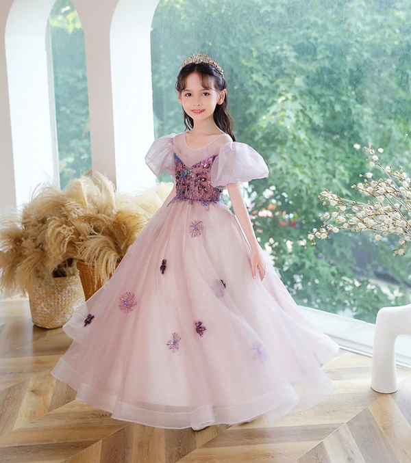 Chic / Beautiful Purple Birthday Flower Girl Dresses 2023 A-Line / Princess Scoop Neck Beading Sequins Puffy Short Sleeve Backless Floor-Length / Long Flower Girl Dresses