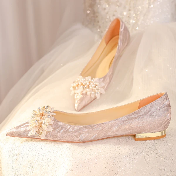 Chic / Beautiful Champagne Pearl Rhinestone Wedding Shoes 2023 Leather 8 cm Stiletto Heels Pointed Toe Wedding Pumps High Heels