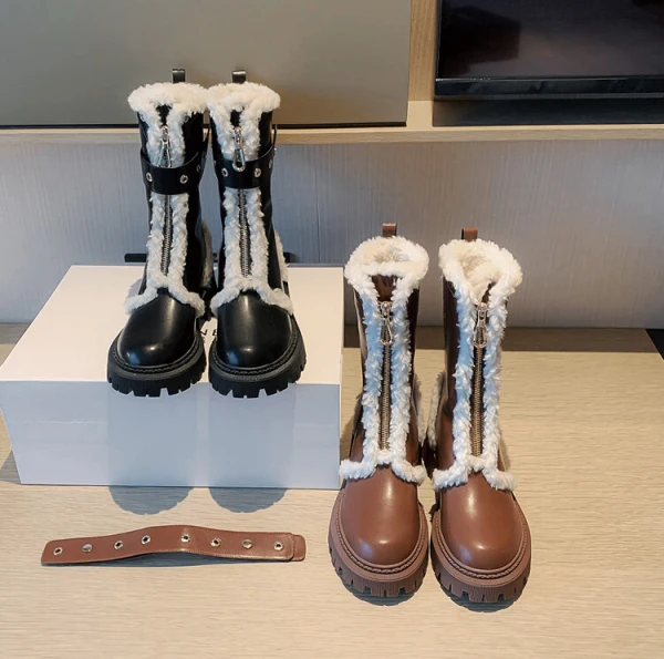 Comfortable Brown Winter Street Wear Womens Boots 2024 Leather 5 cm Block Heels Round Toe Boots