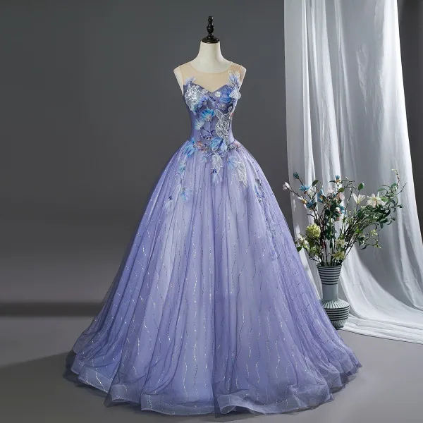 Vintage Lavendel Applikationen Spitze Blumen Ballkleider 2026 Ballkleid Rundhalsausschnitt Ärmellos Rückenfreies Lange Festliche Kleider