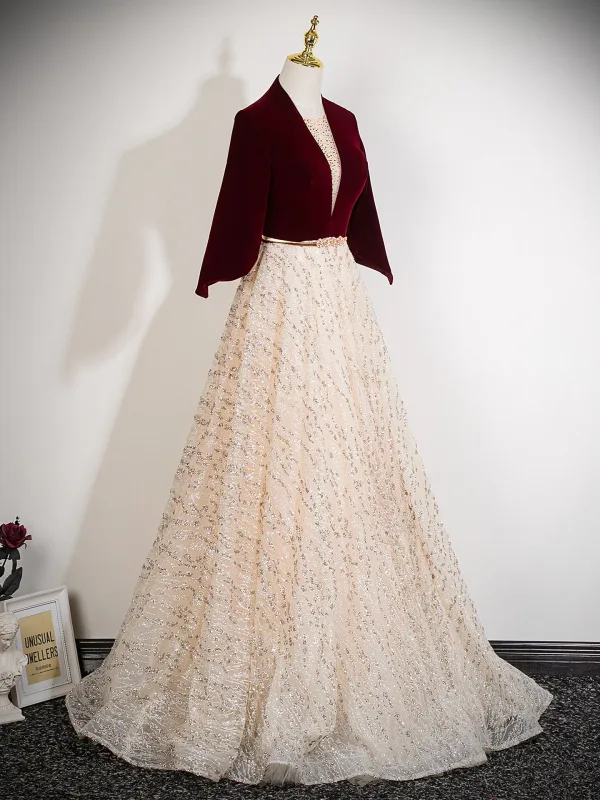 Chic / Beautiful Burgundy Sequins Prom Dresses 2025 A-Line / Princess V-Neck 1/2 Sleeves Backless Sash Floor-Length / Long Prom Formal Dresses