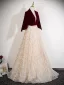 Chic / Beautiful Burgundy Sequins Prom Dresses 2025 A-Line / Princess V-Neck 1/2 Sleeves Backless Sash Floor-Length / Long Prom Formal Dresses