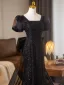 Scintillantes Noire Perlage Paillettes Robe De Soirée 2025 Trompette / Sirène Encolure Carrée Gonflée Manches Courtes Dos Nu Noeud Longue Robe De Ceremonie