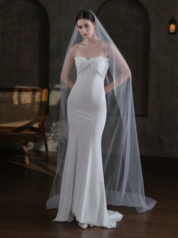 Vintage / Retro White Glitter Rhinestone Wedding Veils 2025 2 m Tulle