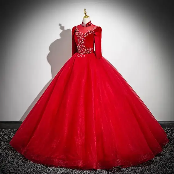 Vintage / Retro Burgundy Beading Prom Dresses 2025 Ball Gown High Neck 3/4 Sleeve Backless Floor-Length / Long Prom Formal Dresses