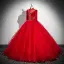 Vintage / Retro Burgundy Beading Prom Dresses 2025 Ball Gown High Neck 3/4 Sleeve Backless Floor-Length / Long Prom Formal Dresses