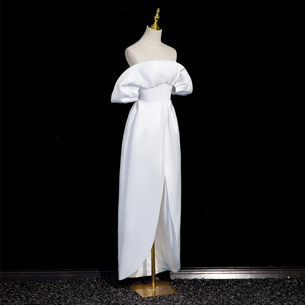 Vintage Schlicht Weiß Satin Asymmetrisch Ballkleider 2023 Off Shoulder Kurze Ärmel Rückenfreies Ball Festliche Kleider