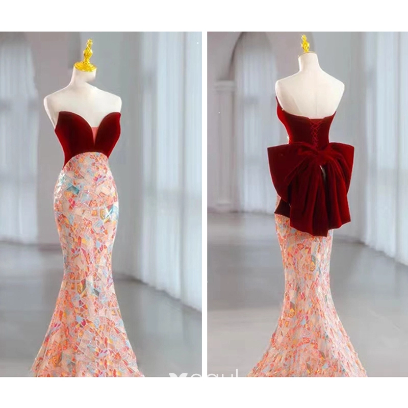 Sexy Burgundy Sequins Evening Dresses 2023 Trumpet / Mermaid Strapless  Sleeveless Backless Bow Sweep Train Evening Party Formal Dresses
