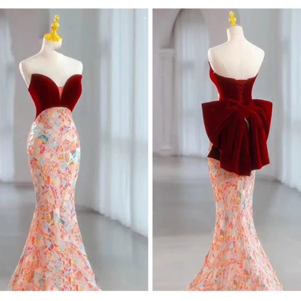 Sexy Bordeaux Multi-Couleurs Paillettes Robe De Soirée 2023 Trompette / Sirène Bustier Sans Manches Dos Nu Noeud Train De Balayage Soirée Robe De Ceremonie