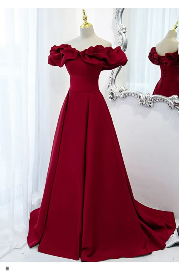 Elegant A-Line / Princess Red Engagement Prom Dresses 2021 Off-The-Shoulder Crossed Straps Floor-Length / Long Ruffle Satin Formal Dresses
