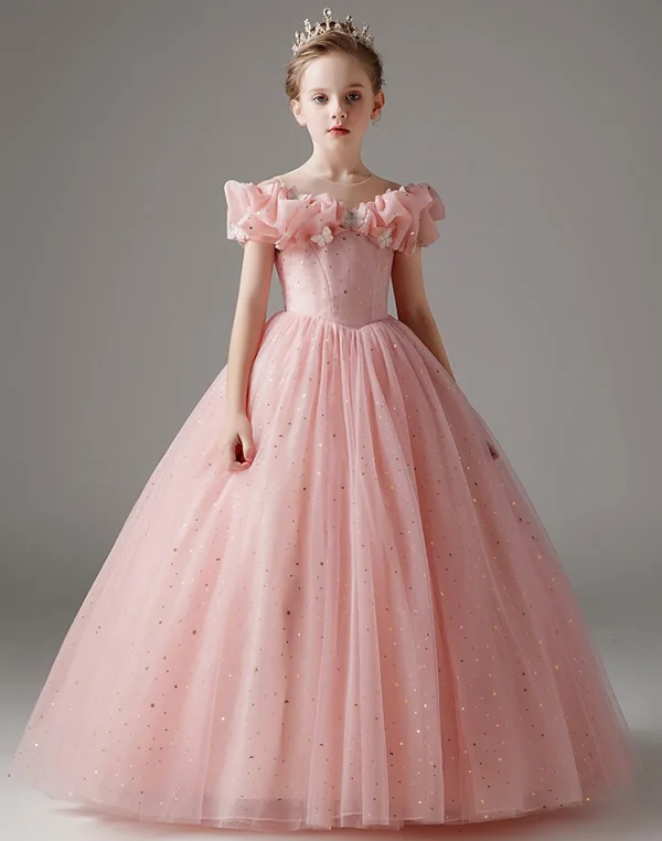 Chic / Beautiful Blushing Pink Lace Butterfly Sequins Birthday Flower Girl Dresses 2024 Ball Gown Scoop Neck Short Sleeve Floor-Length / Long Tulle