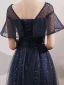Vintage / Retro Navy Blue Beading Star Sequins Prom Dresses 2024 A-Line / Princess V-Neck Short Sleeve Backless Floor-Length / Long Prom Formal Dresses