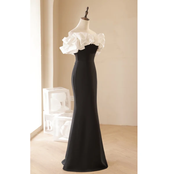 Sexy Black Evening Dresses 2023 Trumpet / Mermaid Ruffle Off-The-Shoulder Short Sleeve Backless Floor-Length / Long Evening Party Formal Dresses