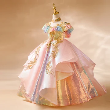 Lovely Candy Pink Beading Sequins Cascading Ruffles Birthday Flower Girl Dresses 2024 Ball Gown High Neck Short Sleeve Backless Floor Length Long