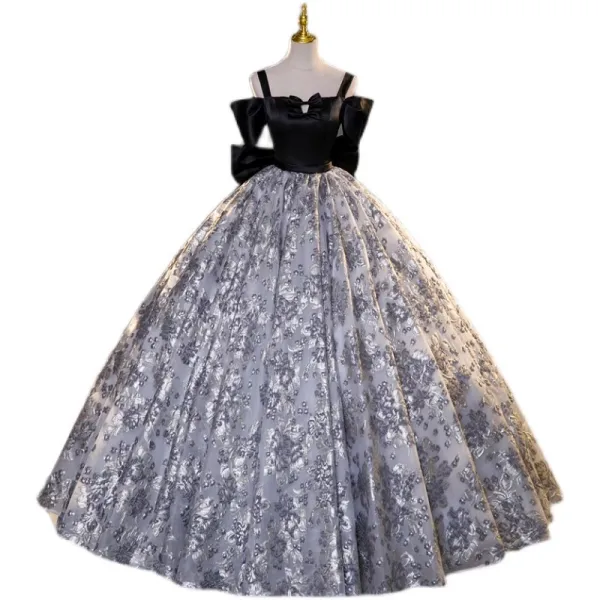 Élégant Noire Robe De Bal 2023 Robe Boule Bretelles Spaghetti Manches Courtes Dos Nu Noeud Longue Promo Robe De Ceremonie