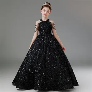 Bling Bling Black Beading Sequins Birthday Flower Girl Dresses 2024 Ball Gown Scoop Neck Sleeveless Backless Floor Length Long