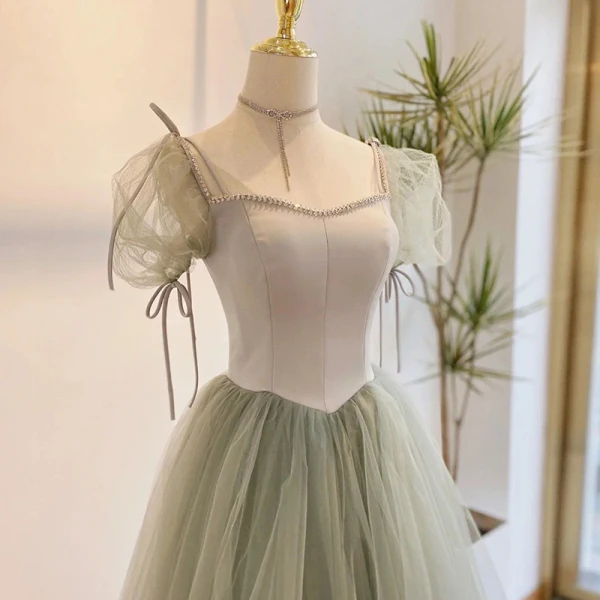Chic / Beautiful Sage Green Prom Dresses 2022 A-Line / Princess Square Neckline Puffy Short Sleeve Bow Rhinestone Floor-Length / Long Formal Dresses
