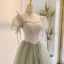 Chic / Beautiful Sage Green Prom Dresses 2022 A-Line / Princess Square Neckline Puffy Short Sleeve Bow Rhinestone Floor-Length / Long Formal Dresses
