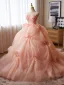 Flower Fairy Blushing Pink Pearl Appliques Prom Dresses 2024 Ball Gown Strapless Sleeveless Backless Court Train Prom Formal Dresses