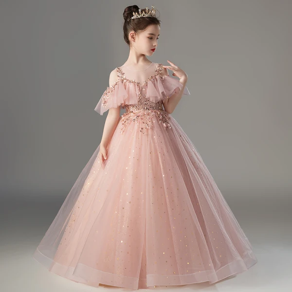 Chic / Beautiful Blushing Pink Beading Sequins Prom Flower Girl Dresses 2022 A-Line / Princess Scoop Neck Short Sleeve Floor-Length / Long Flower Girl Dresses