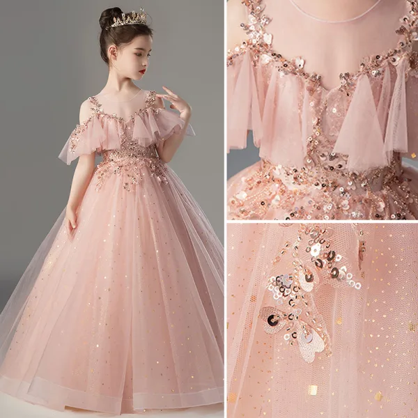 Chic / Beautiful Blushing Pink Beading Sequins Prom Flower Girl Dresses 2022 A-Line / Princess Scoop Neck Short Sleeve Floor-Length / Long Flower Girl Dresses