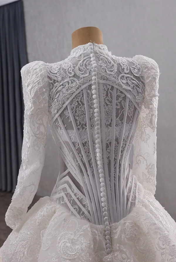 Luxury / Gorgeous White Handmade  Beading Sequins Lace Flower Wedding Dresses 2025 Trumpet / Mermaid High Neck Long Sleeve Backless Royal Train Wedding